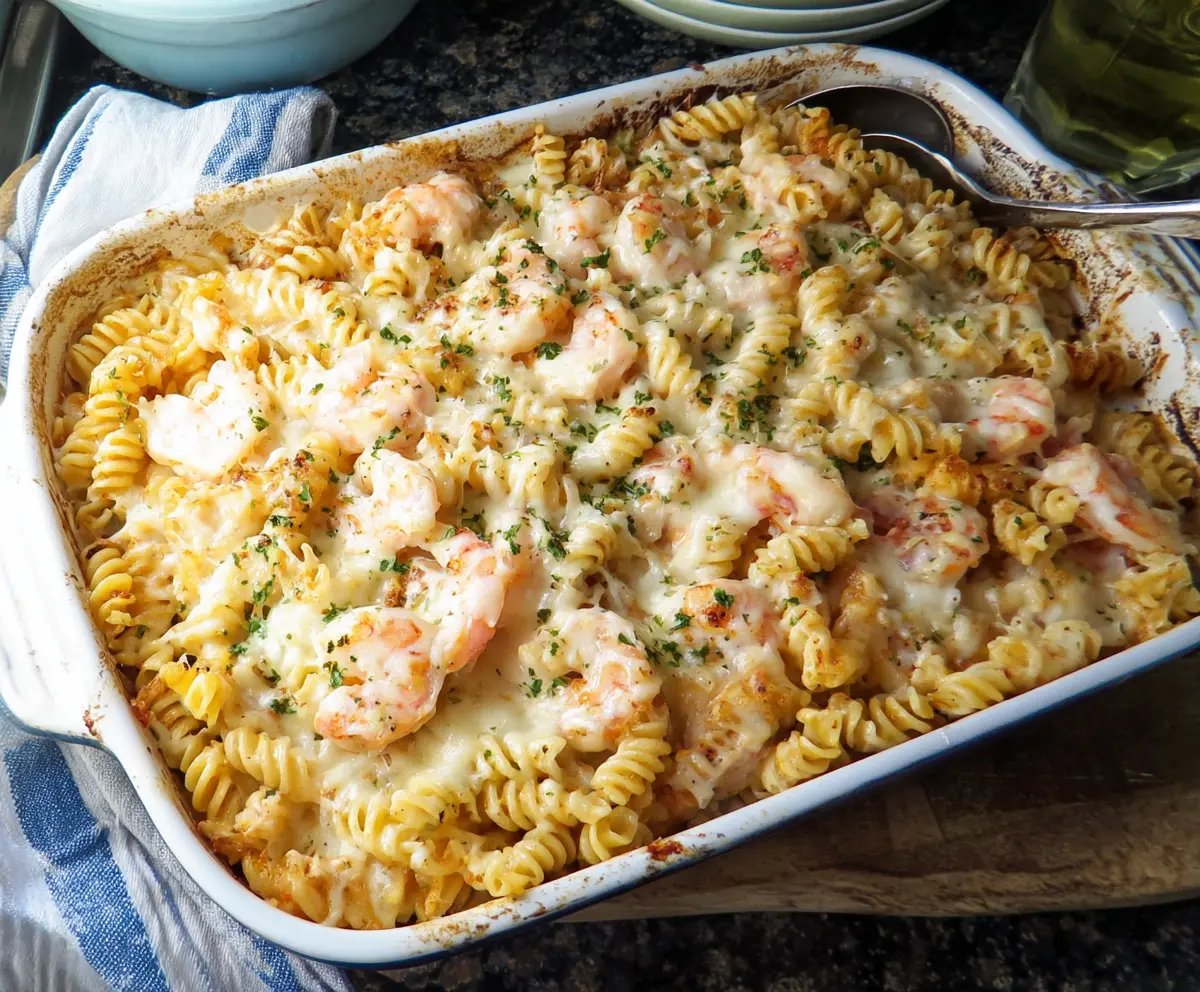 Delicious shrimp Alfredo pasta bake topped with melted cheese and fresh herbs.