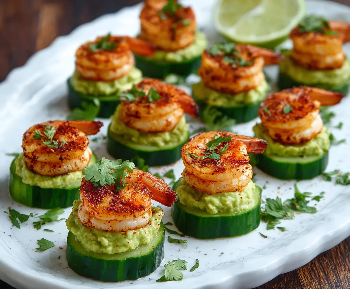 Delicious shrimp and cucumber bites arranged on a serving plate, perfect for appetizers or parties.