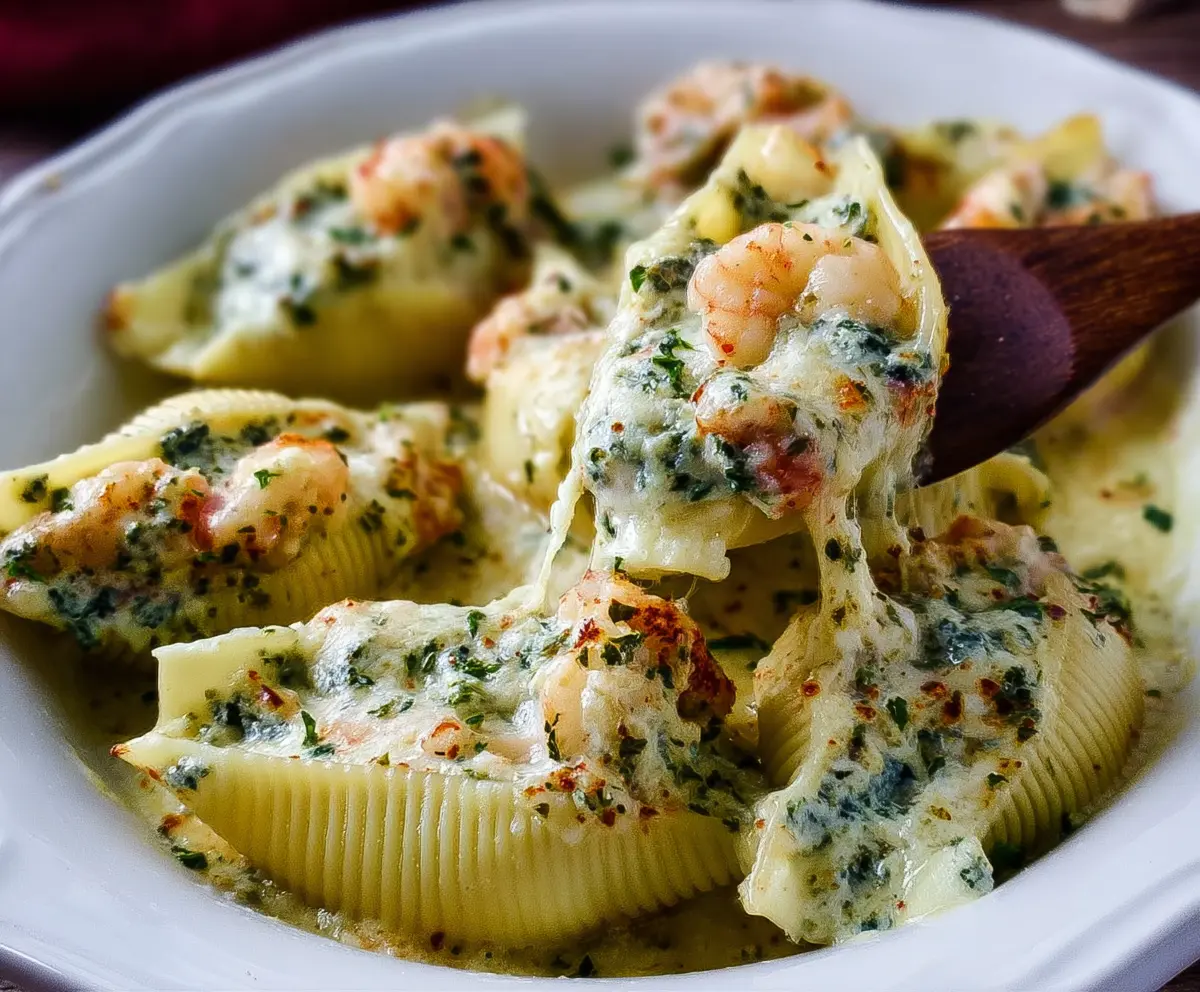 Delicious shrimp and spinach stuffed shells in a flavorful baked casserole