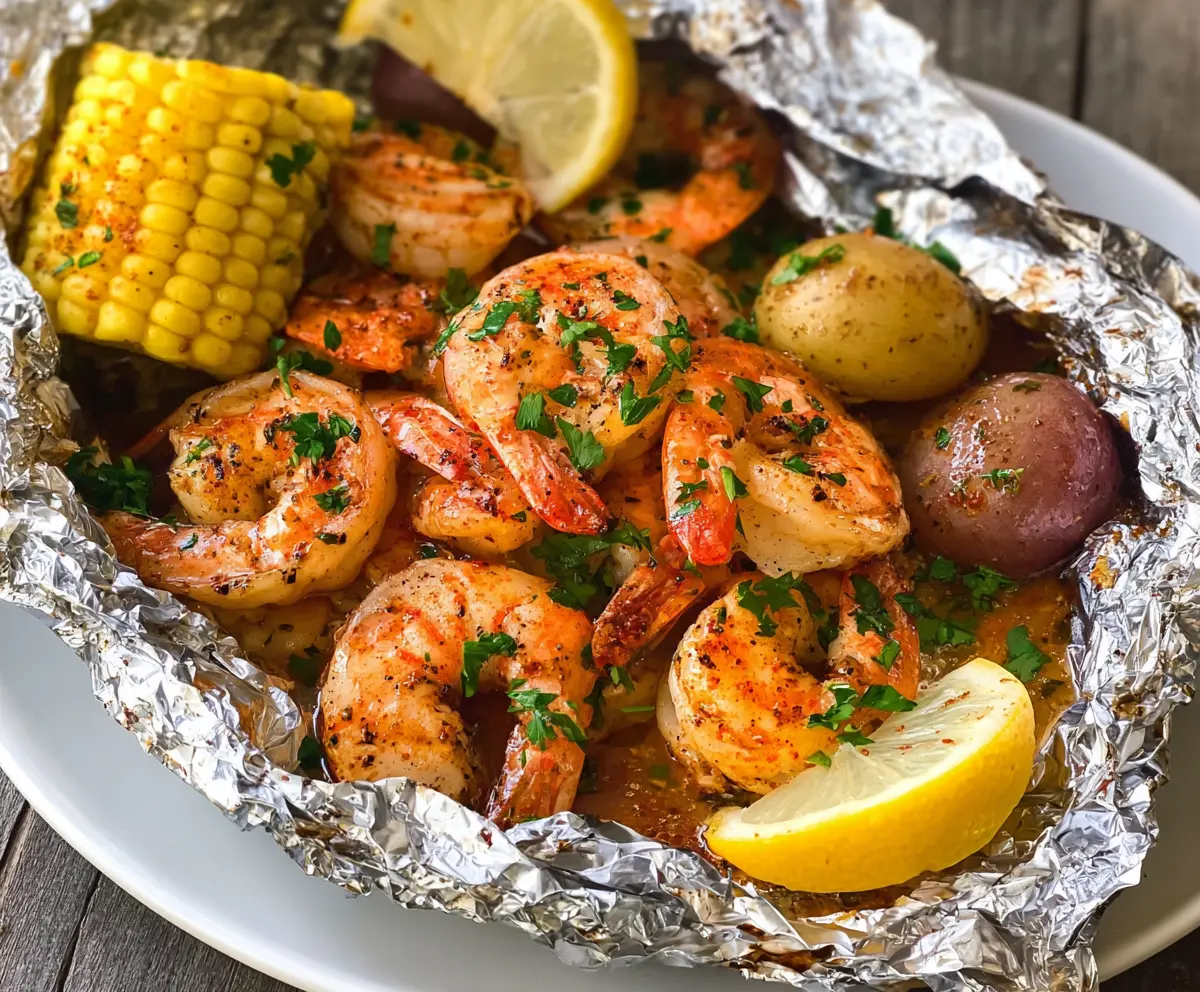 Delicious shrimp foil packet baking in the oven, perfect for a quick seafood dinner.
