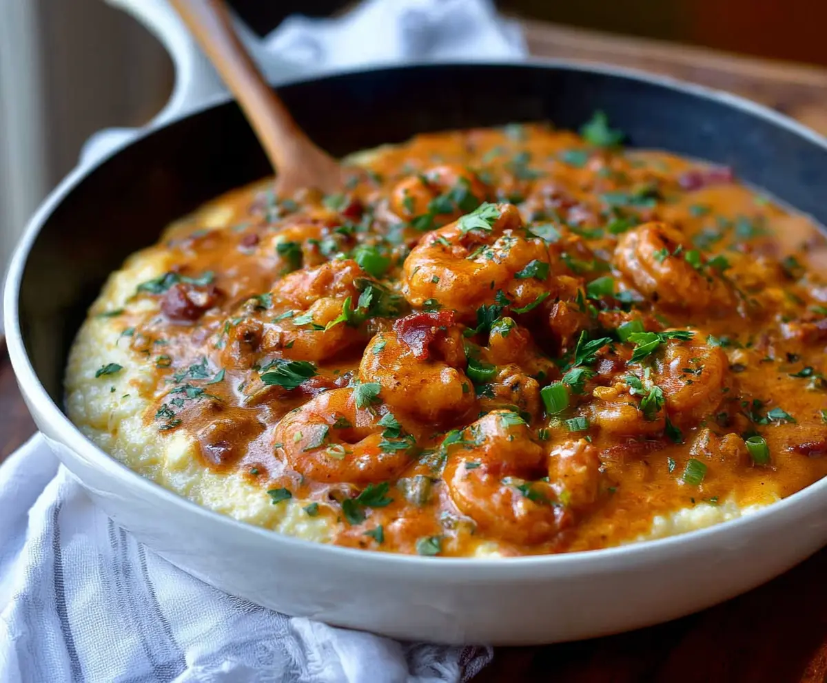 Delicious smothered shrimp served over creamy grits, perfect for a comforting Southern meal.