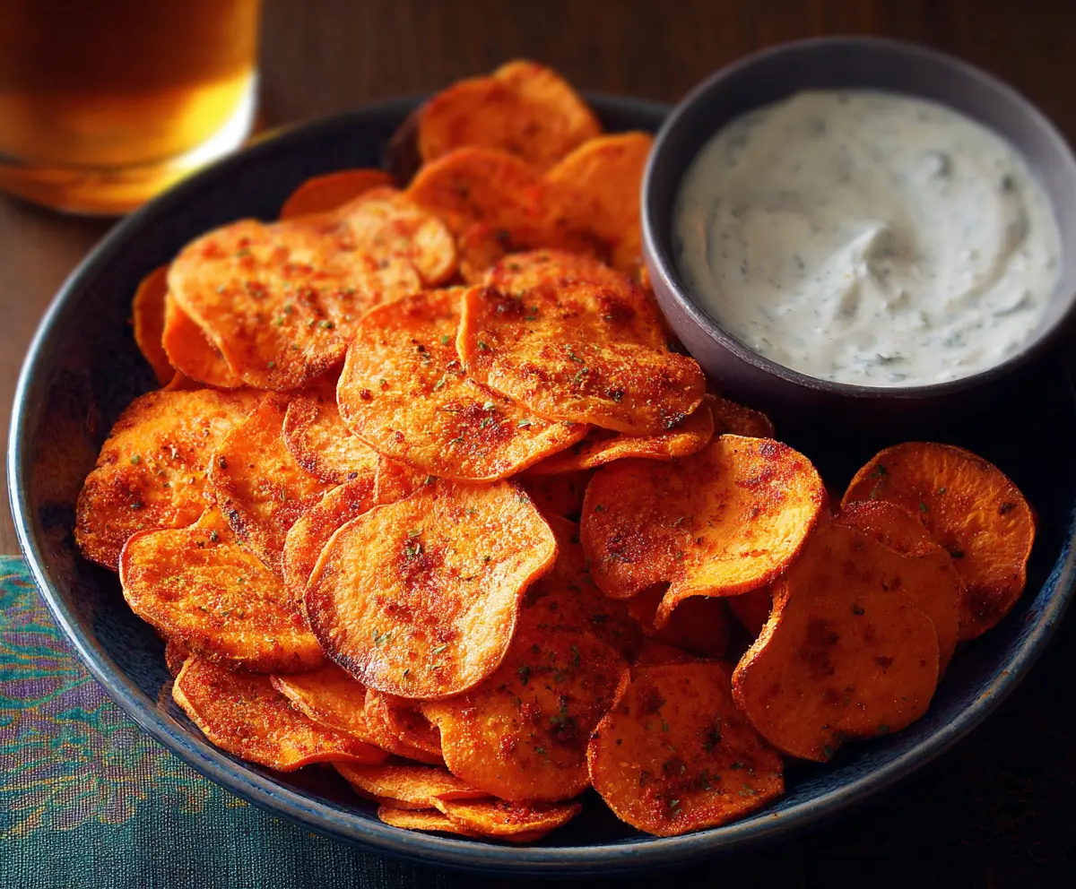 Crunchy spicy sweet potato chips on a wooden platter, perfect for healthy snacking.