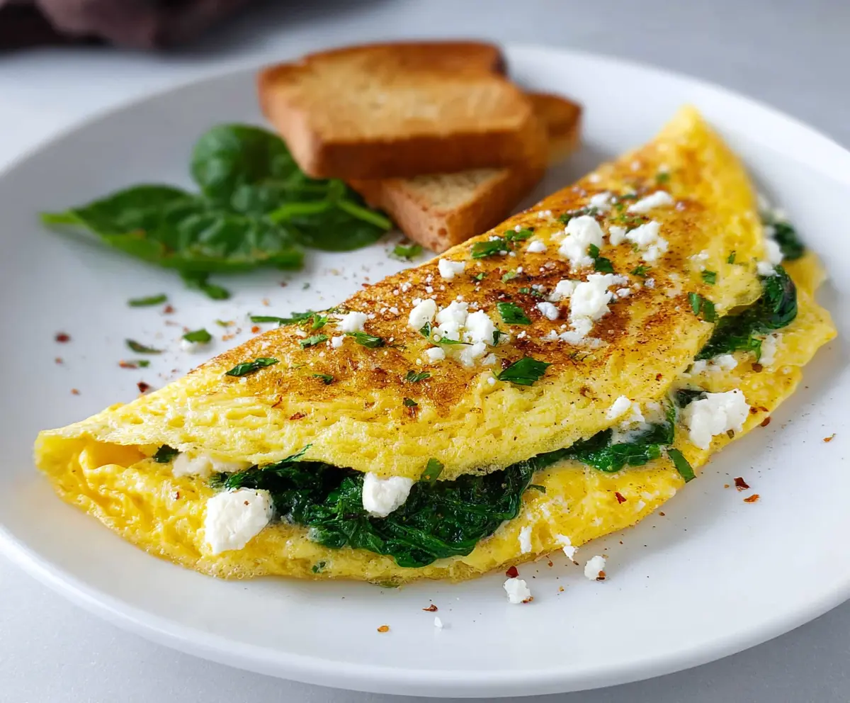 Delicious spinach and feta omelet served on a plate, perfect for breakfast or brunch.