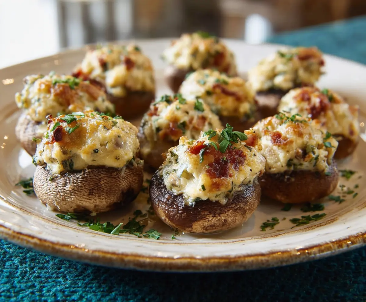 Delicious stuffed mushrooms topped with herbs and cheese, perfect for appetizers.