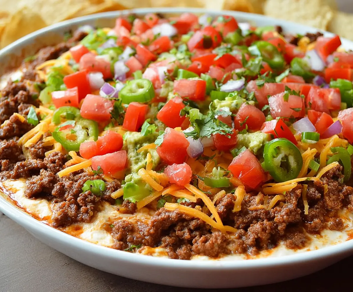 Delicious taco dip with ground beef, cheese, and fresh toppings served as a flavorful appetizer.