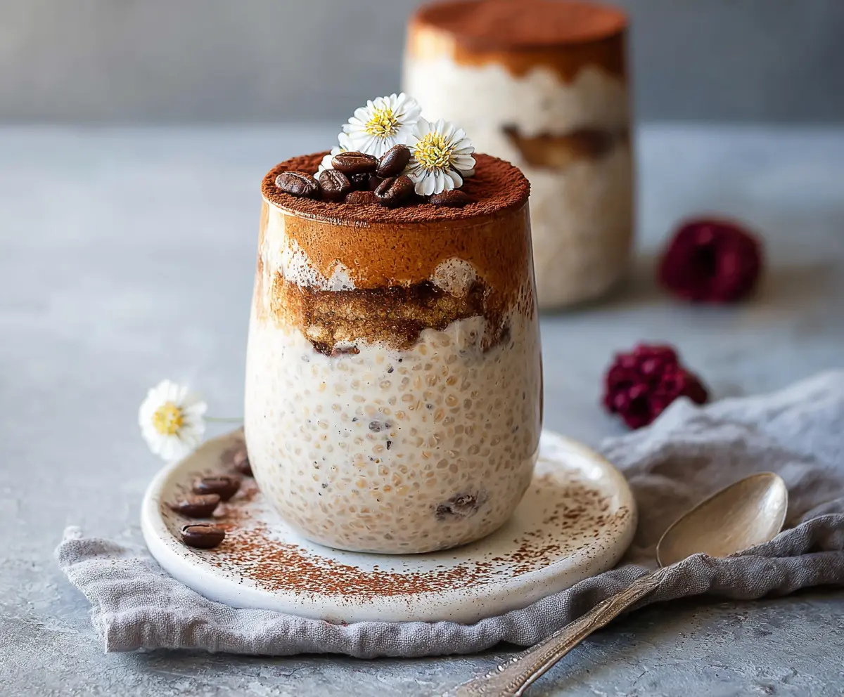Delicious Tiramisu Overnight Oats served in a glass jar, topped with cocoa powder and chocolate shavings.