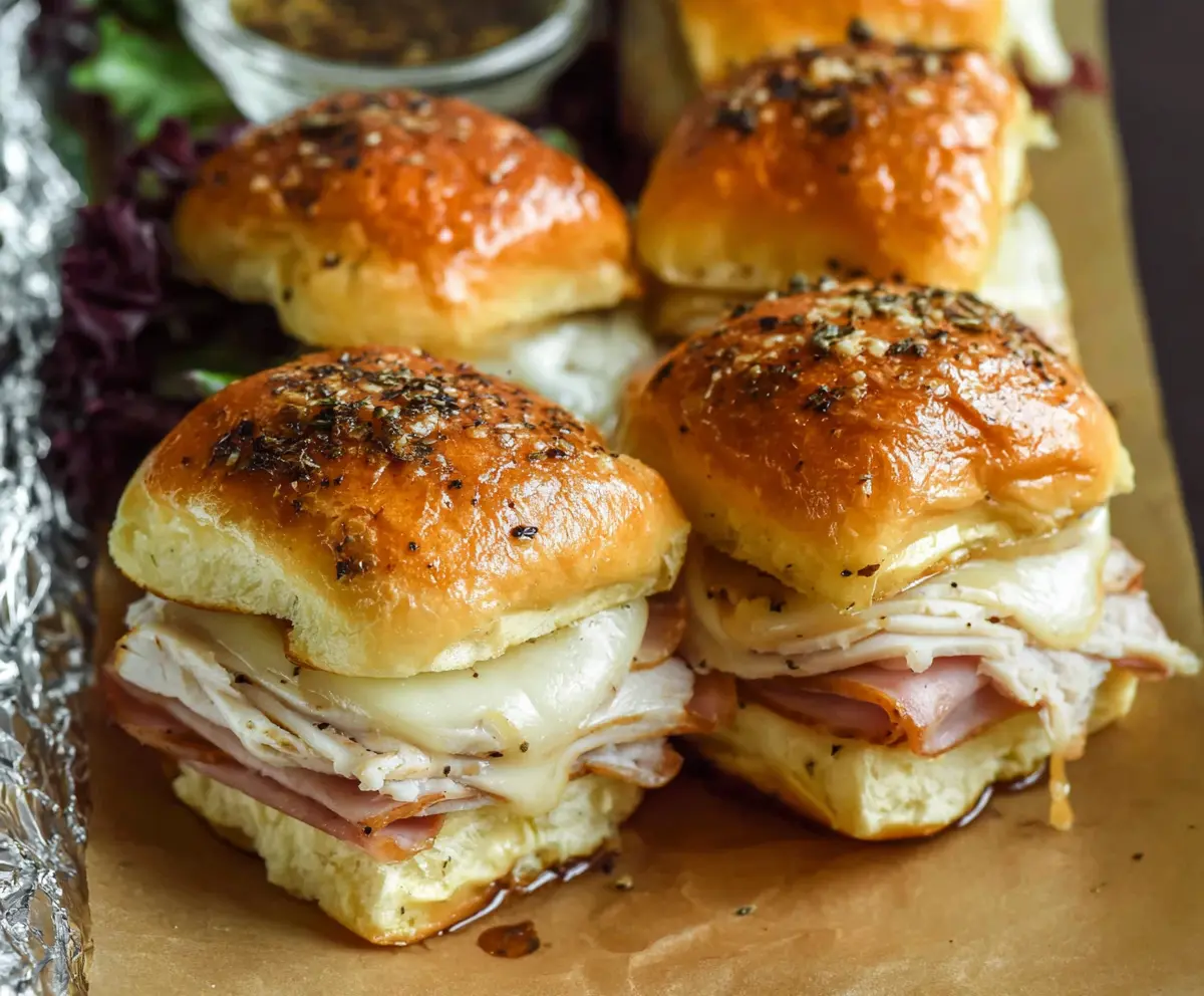 Delicious turkey and Swiss cheese sliders on a platter, perfect for appetizer or snack time.