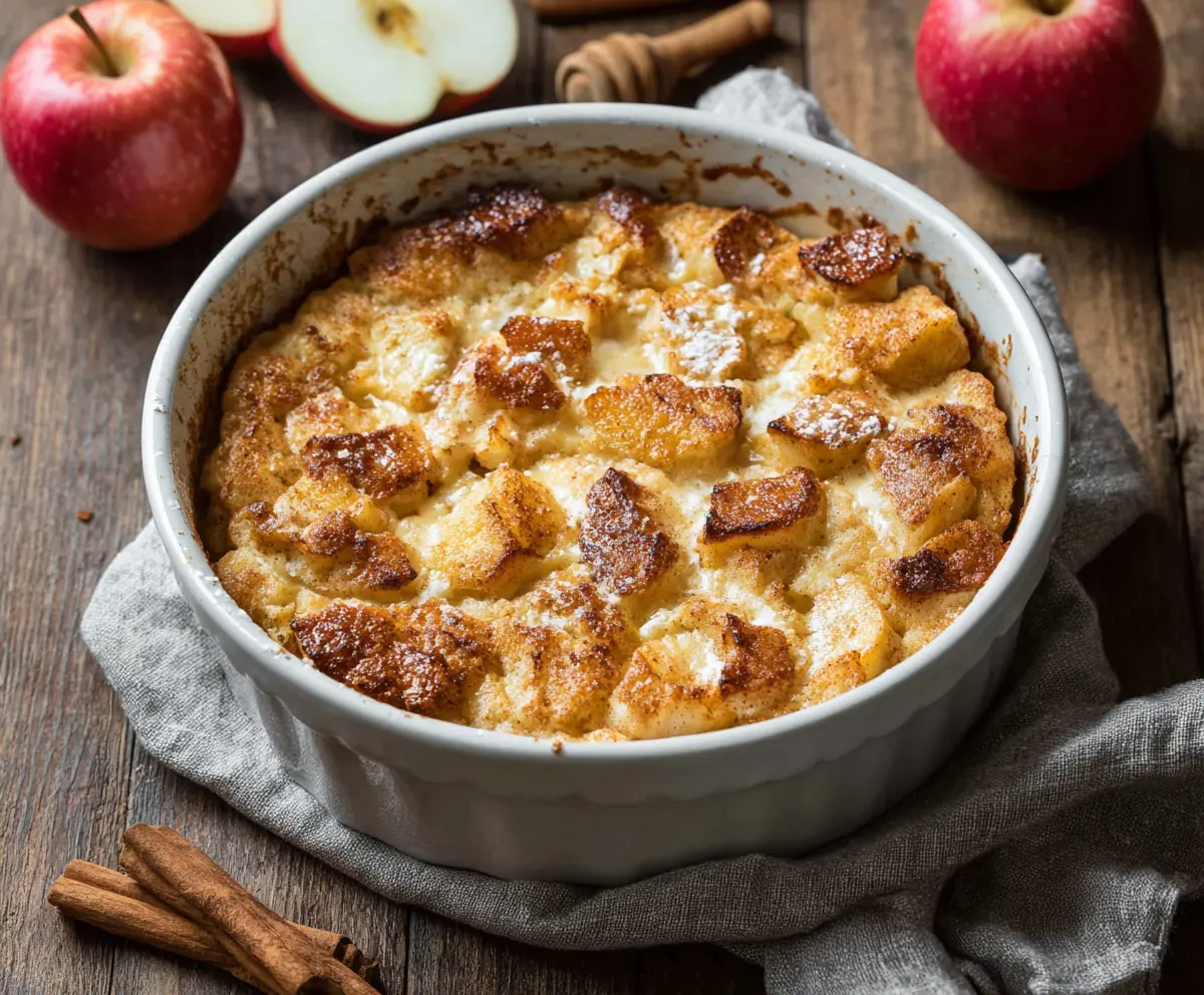 Delicious Apple Cinnamon Cottage Cheese Bake served warm with apple slices and a sprinkle of cinnamon on top.