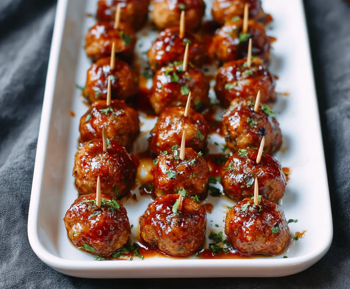 Delicious apricot BBQ cocktail meatballs served on a plate with a savory glaze.