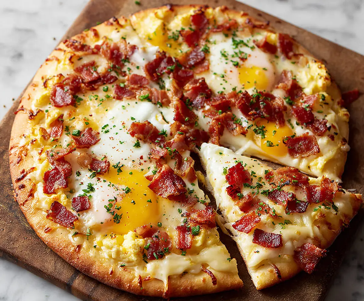 Bacon and egg breakfast pizza topped with melted cheese and fresh herbs, ready to serve.