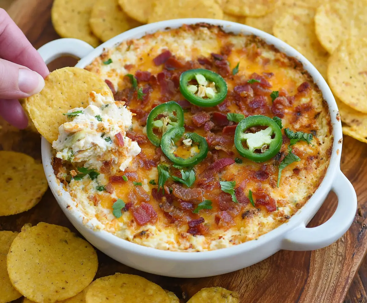Delicious Bacon Jalapeño Popper Dip with crispy bacon, melted cheese, and spicy jalapeños served in a bowl.