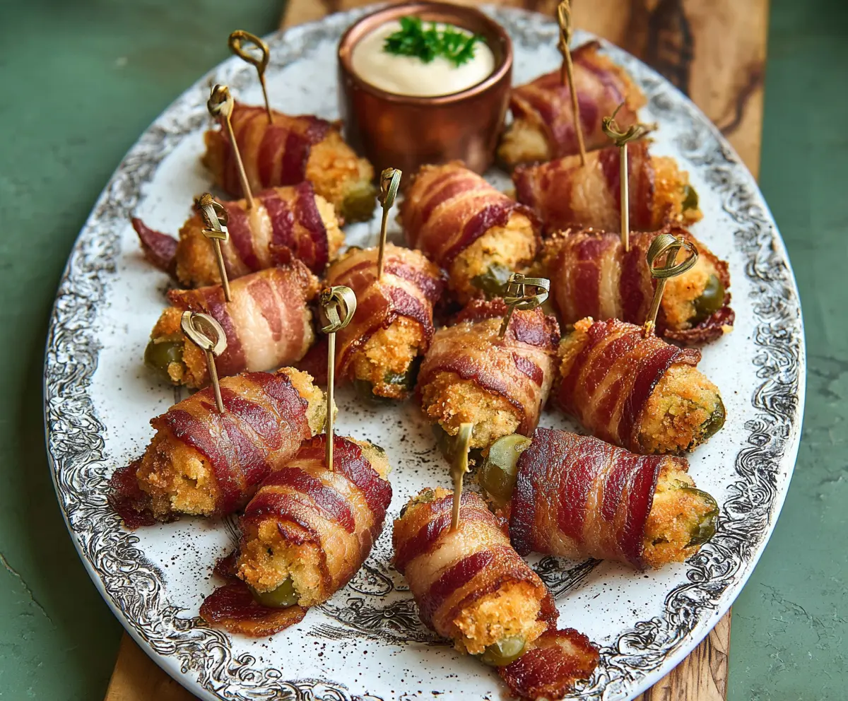 Delicious Bacon Pickle Poppers with crispy bacon wrapping stuffed pickles for a savory appetizer.
