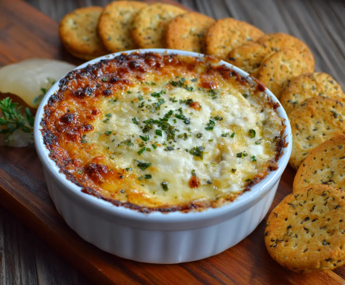 Delicious baked double cheese and sweet onion dip served in a bowl, perfect for parties and gatherings.
