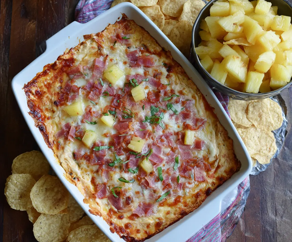 Delicious Baked Hawaiian Pizza Dip topped with pineapple, ham, and melted cheese, perfect for parties.