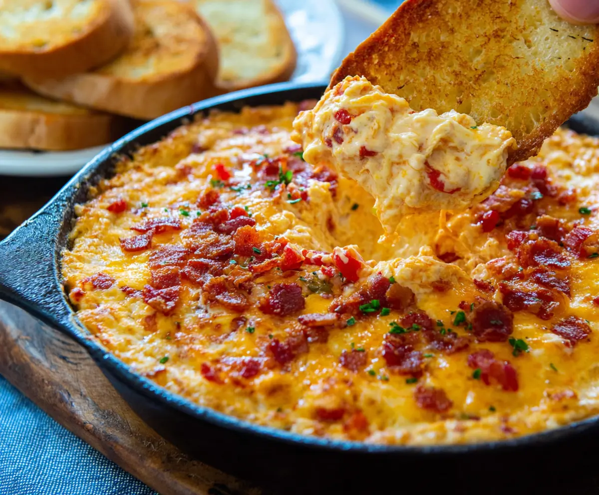 Creamy baked pimento cheese dip served with crispy chips and fresh herbs