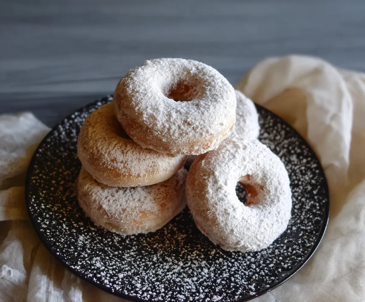 Delicious baked sourdough discard powdered sugar donuts on a plate, perfect for a sweet snack.