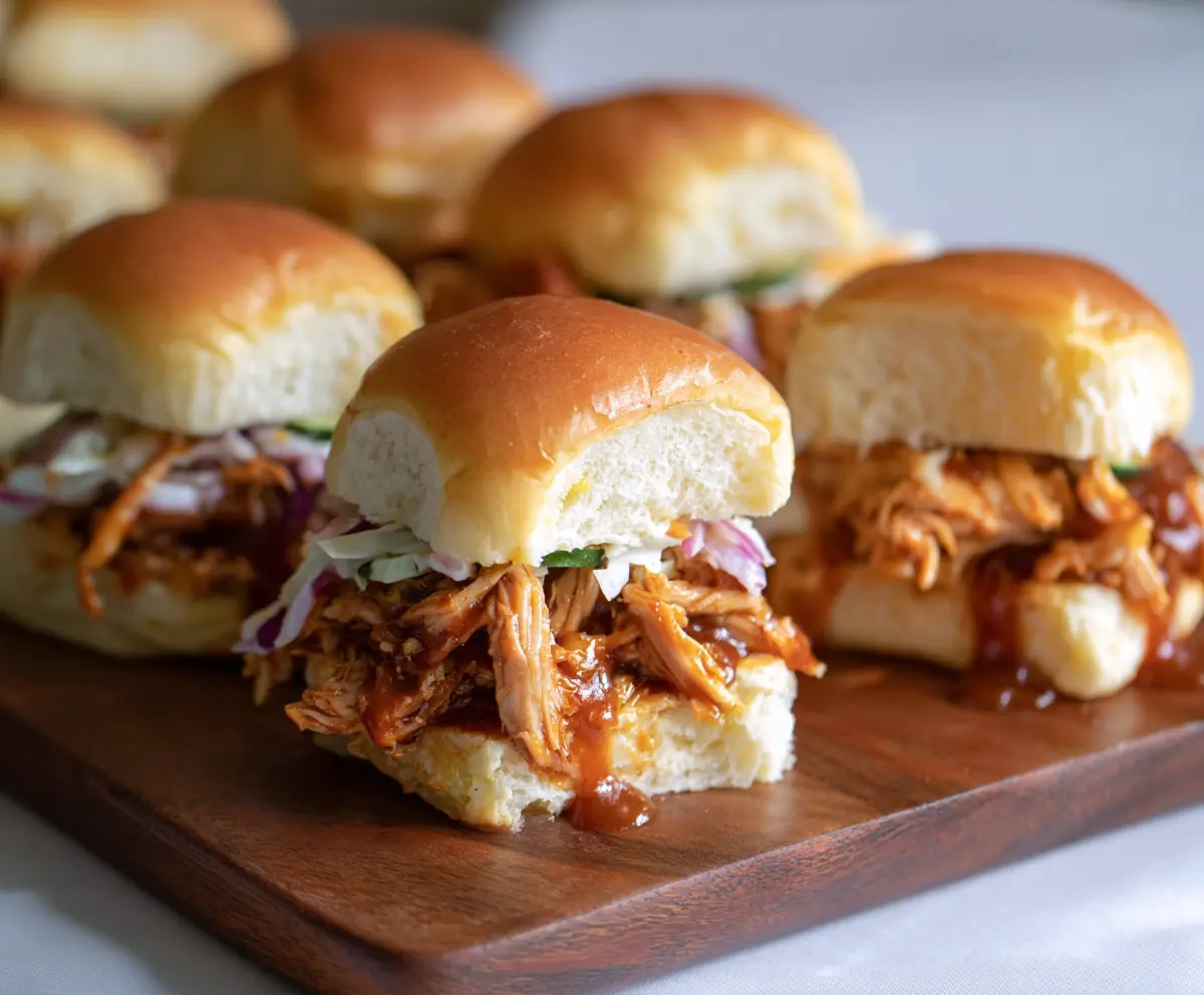 Delicious BBQ Chicken Sliders with melted cheese and fresh toppings on a plate.