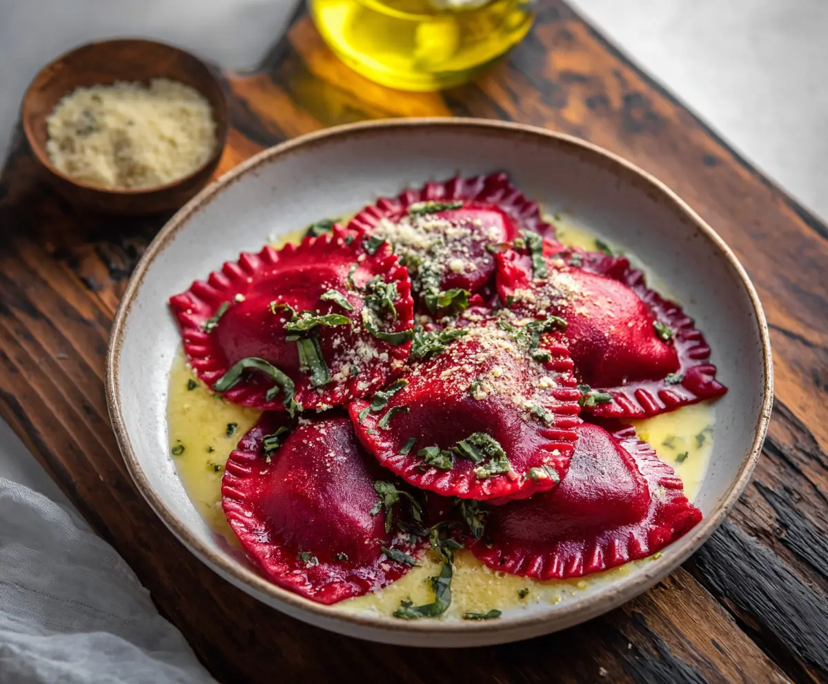 Delicious homemade beet ravioli with vibrant red color and fresh ingredients.