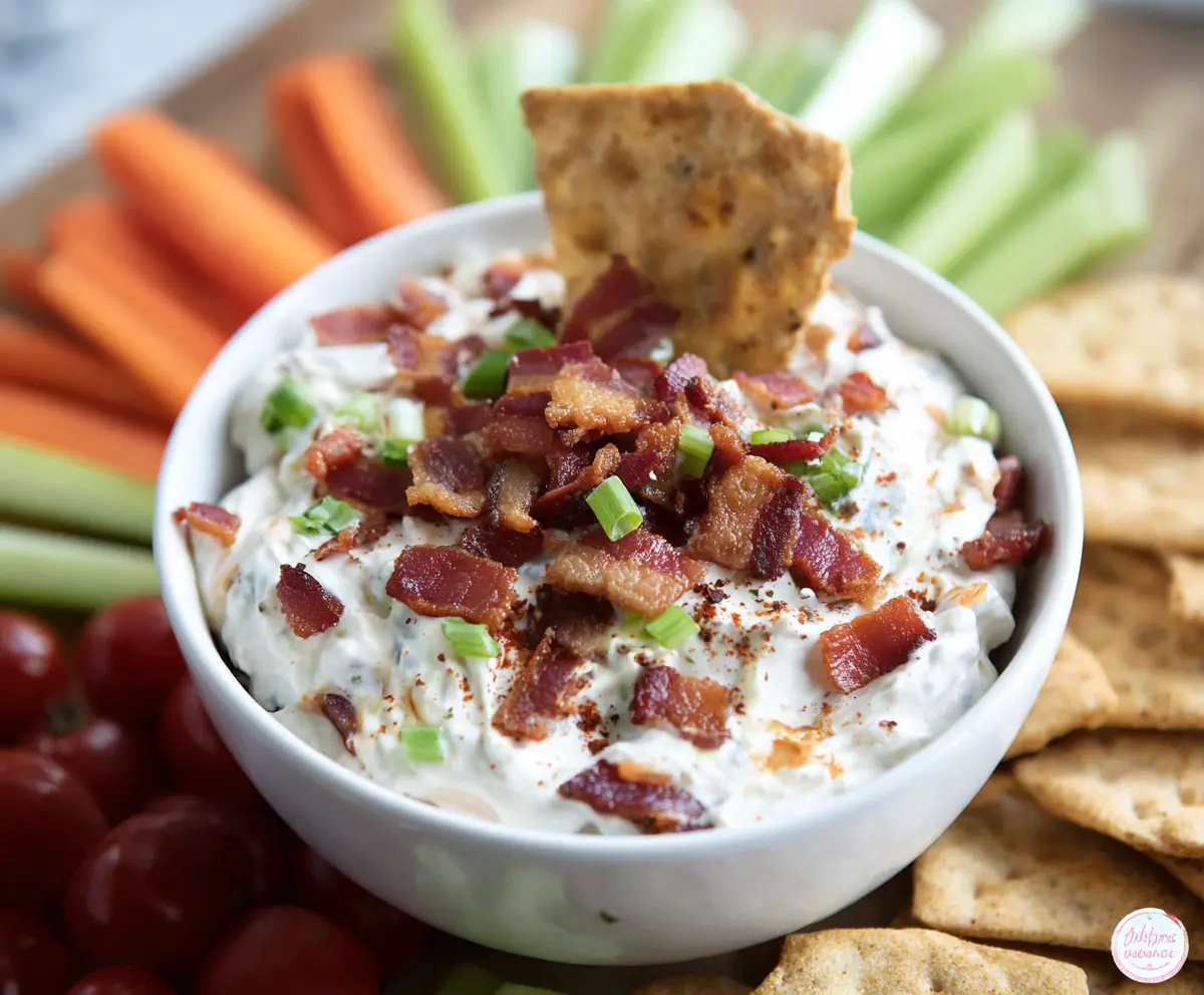 Delicious BLT Dip with creamy cream cheese, crispy bacon, fresh lettuce, and ripe tomatoes served as a flavorful appetizer.