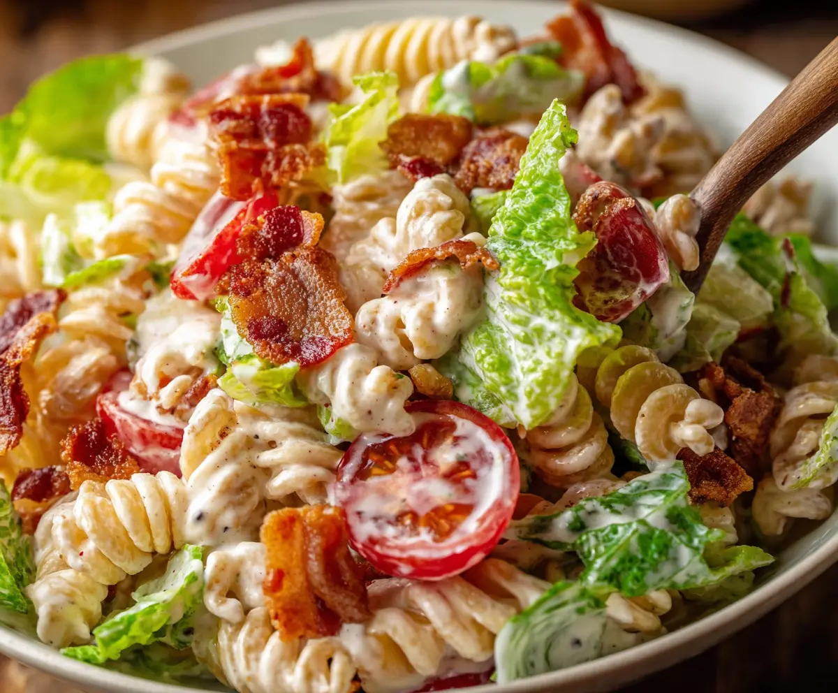 Delicious BLT pasta salad with crispy bacon, fresh lettuce, and cherry tomatoes in a bowl.