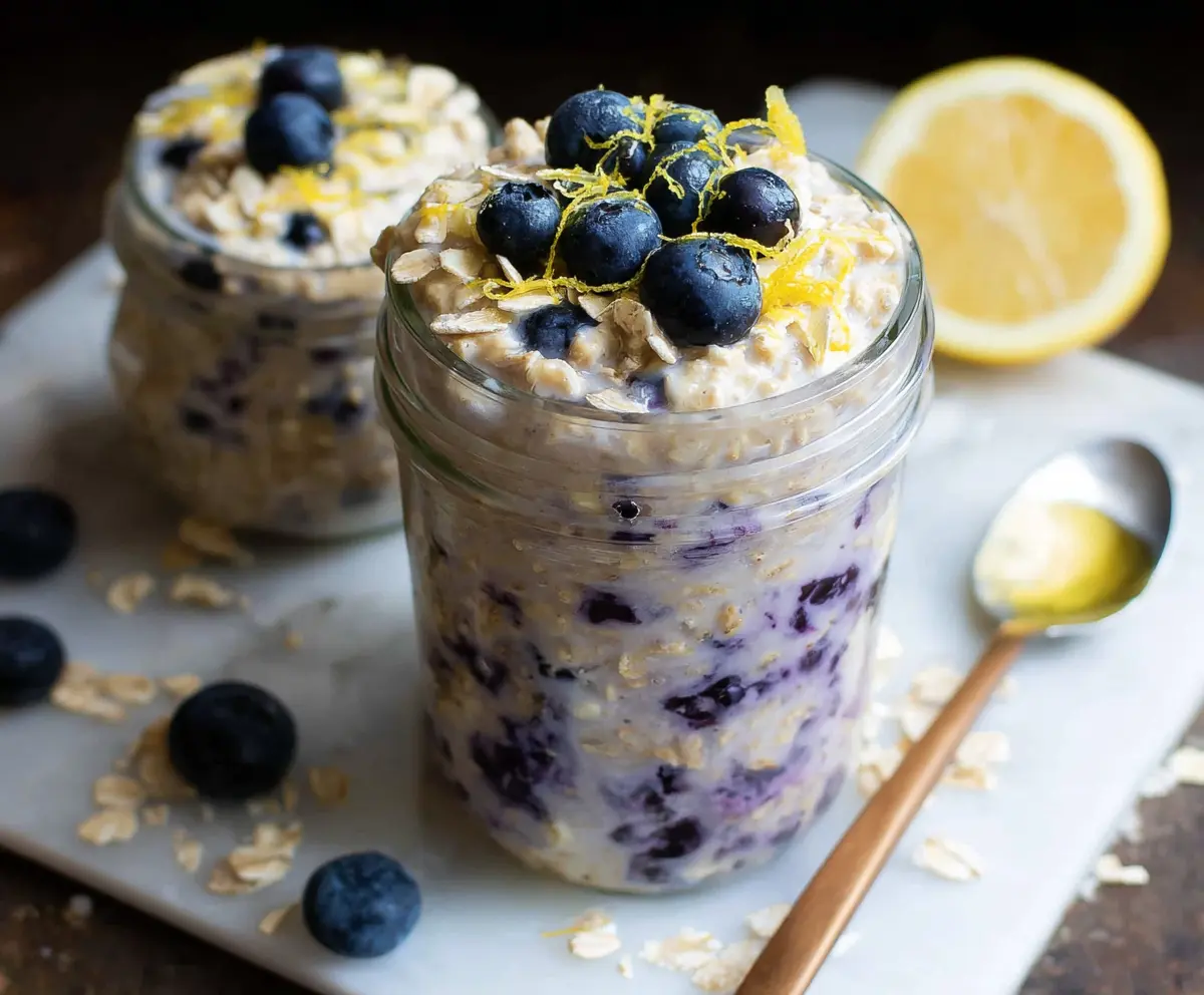 Healthy blueberry lemon overnight oats in a glass jar topped with fresh blueberries and lemon zest.