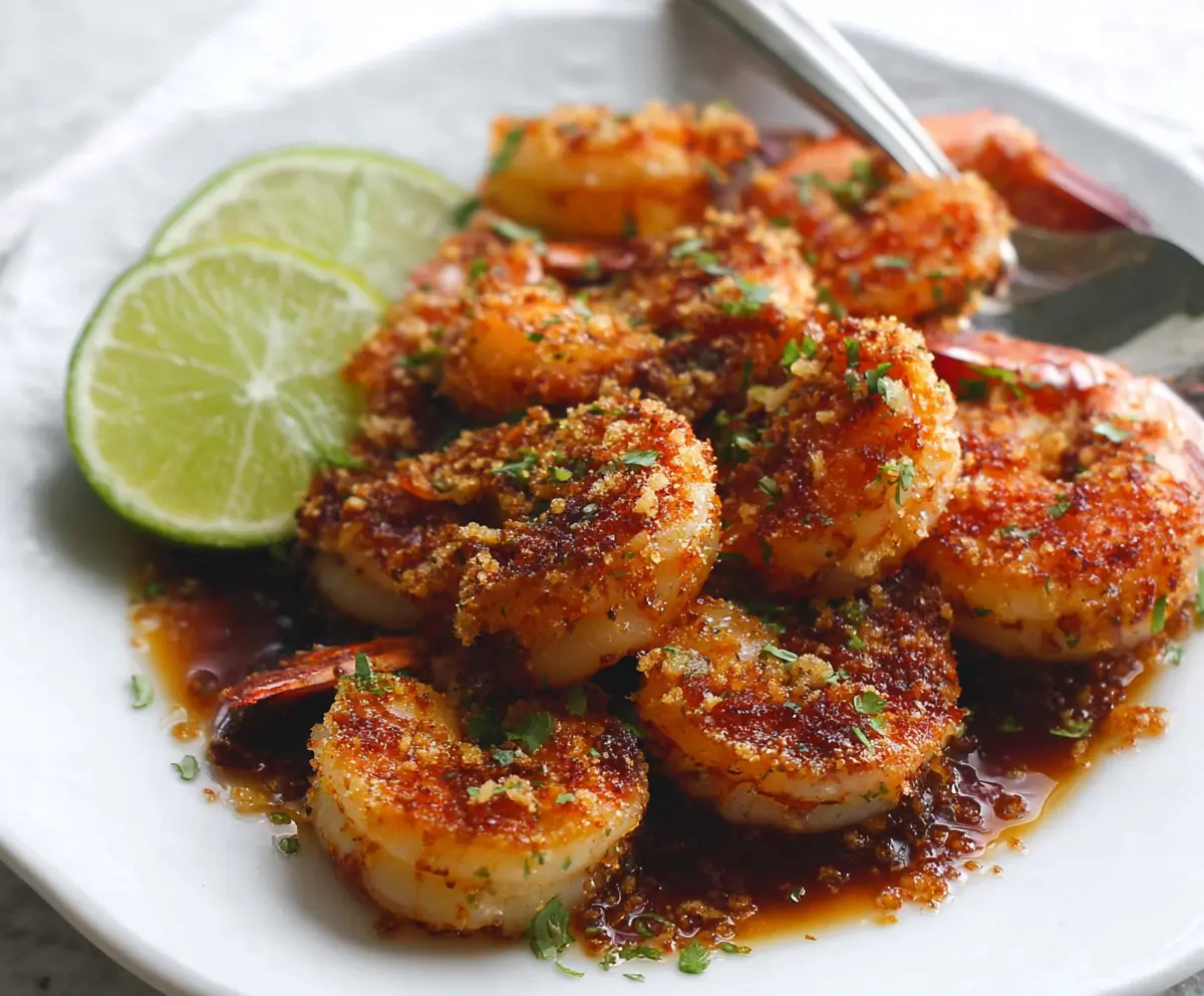 Delicious baked shrimp with brown sugar and lime garnished with fresh herbs.