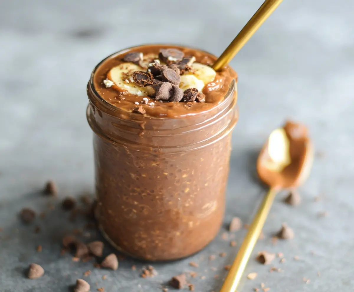 Delicious brownie batter overnight oats served in a glass jar with chocolate drizzle and fresh berries.
