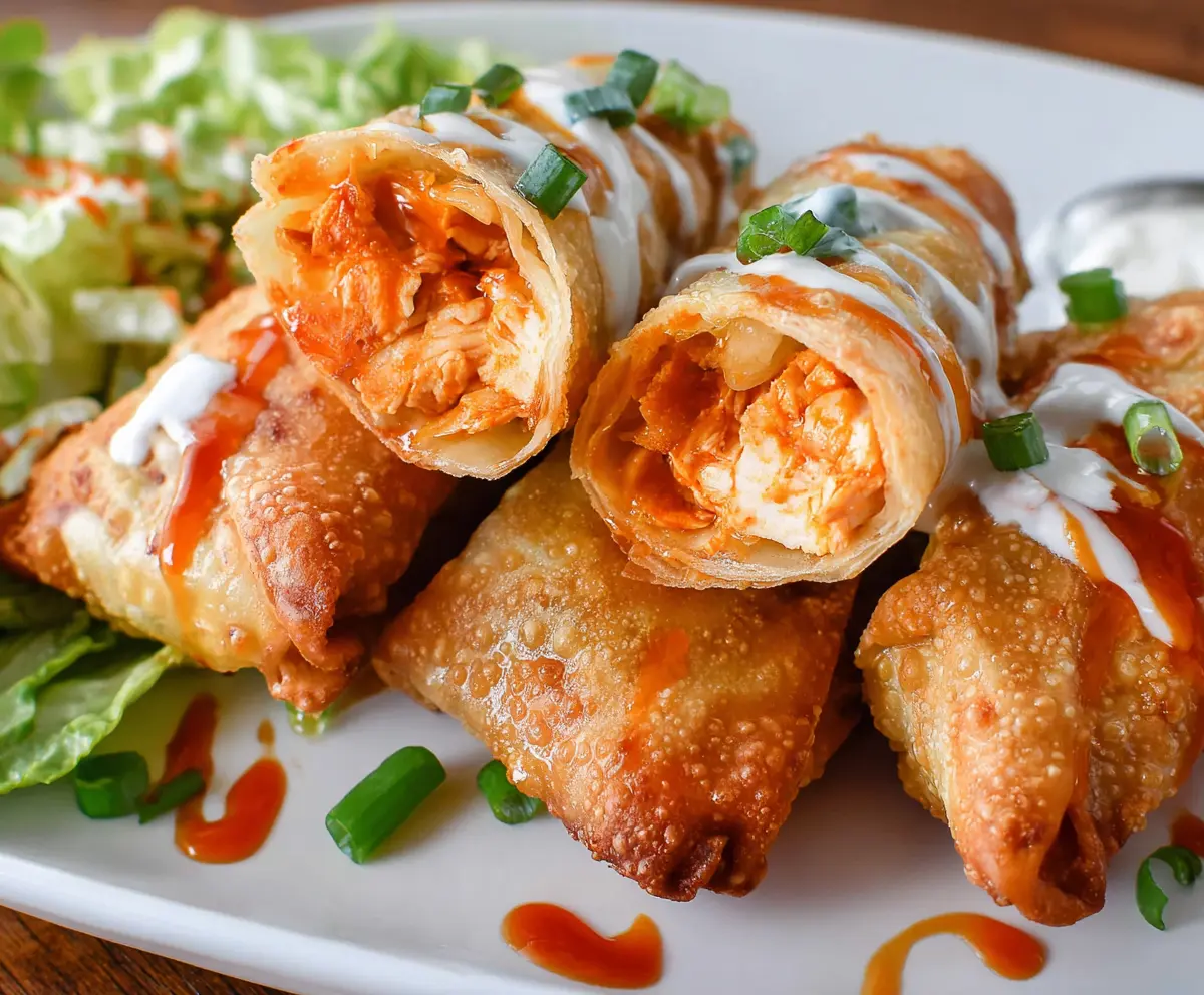 Crispy Buffalo Chicken Egg Rolls served with a side of dipping sauce.