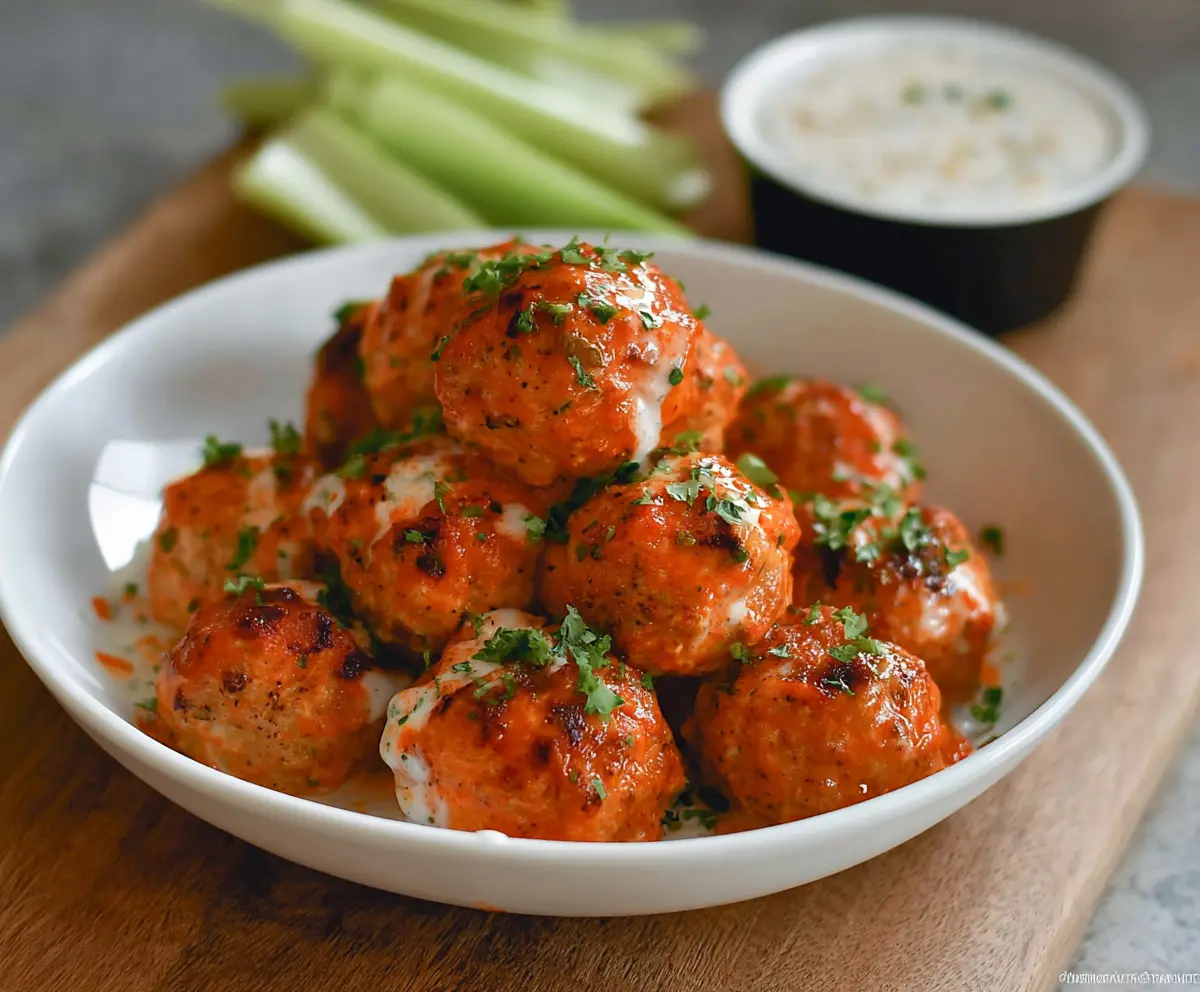 Buffalo Chicken Meatballs on a platter with spicy buffalo sauce and fresh herbs