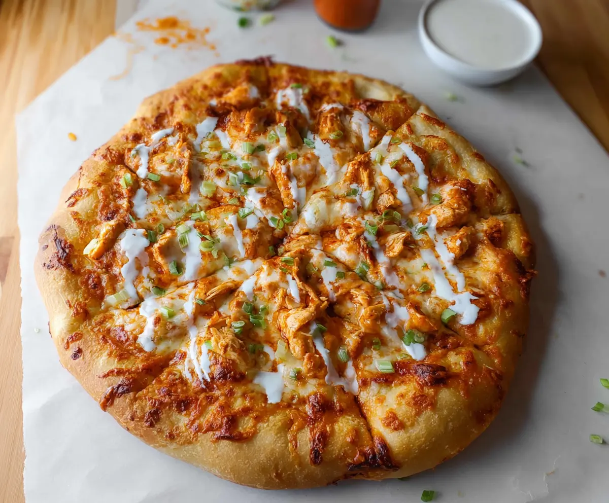 Delicious Buffalo Chicken Pizza topped with spicy buffalo sauce, melted cheese, and crispy crust