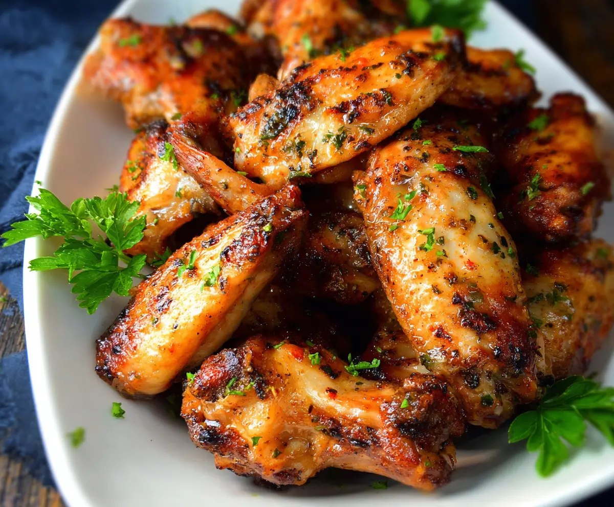Juicy Cajun Garlic Chicken Wings on a plate with spices and herbs