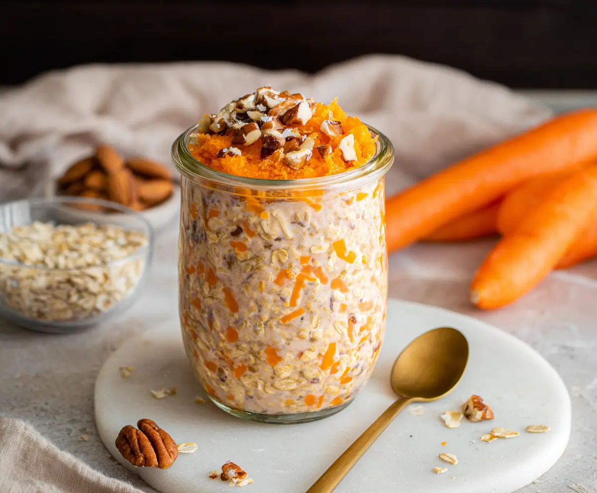 Delicious carrot cake overnight oats in a glass jar, topped with grated carrots and walnuts