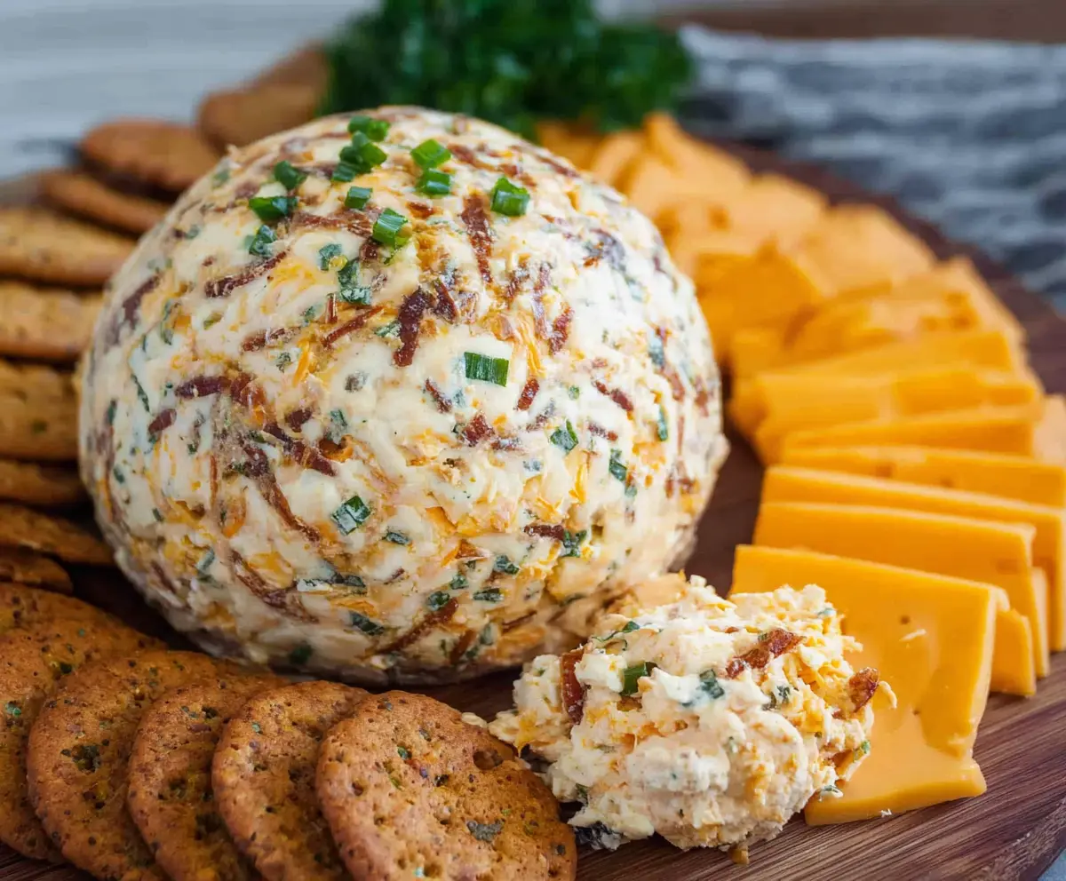 Creamy Cheddar Ranch Cheeseball on a platter, perfect for gatherings.
