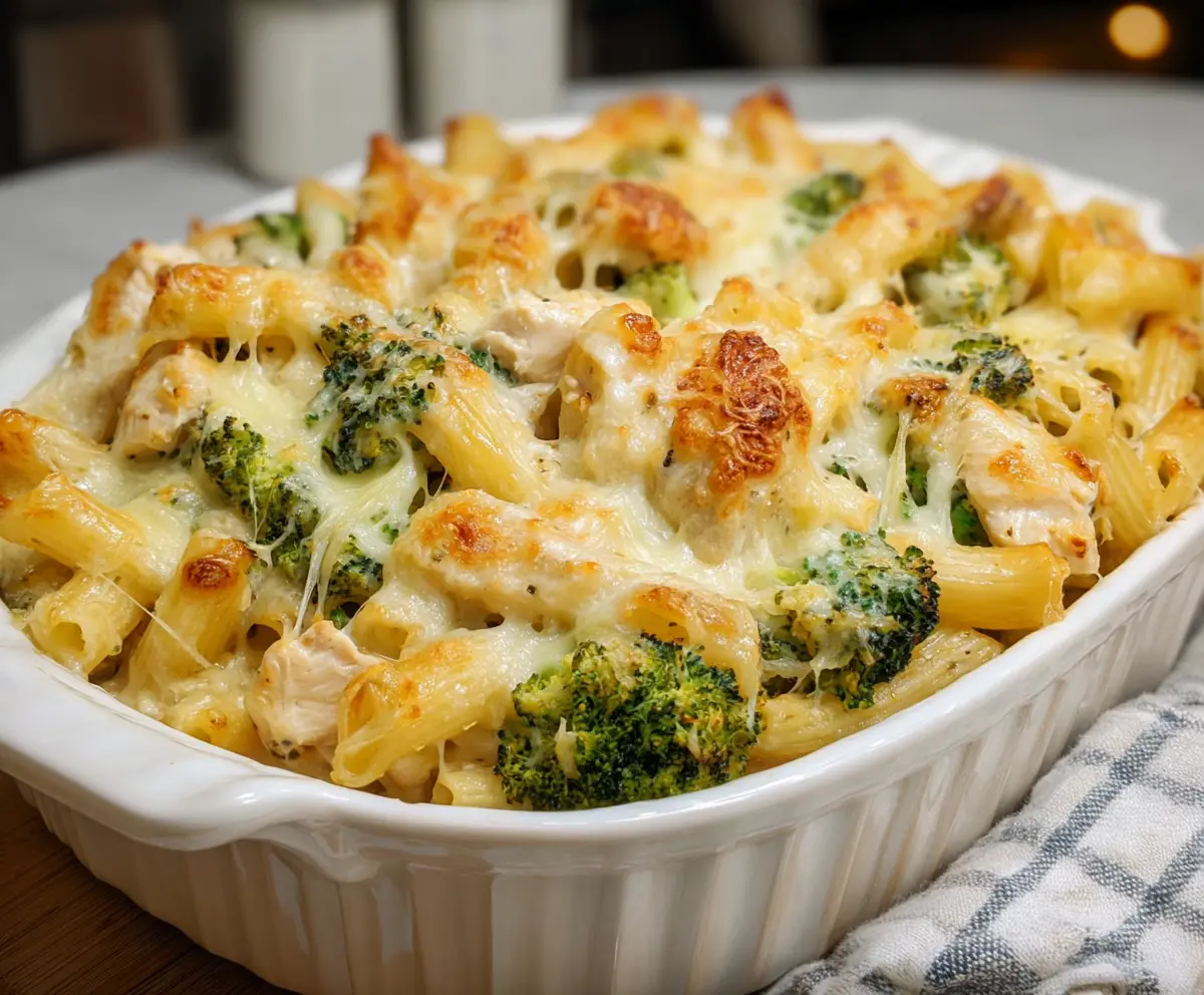 Delicious chicken and broccoli pasta bake in a oven dish, perfect for a comforting family dinner