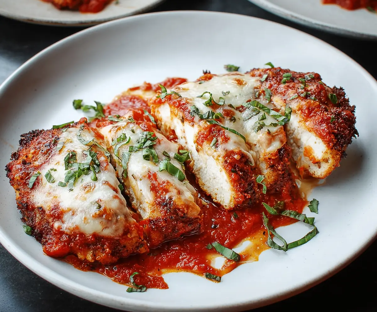 Delicious Chicken Parmesan with golden breaded chicken topped with marinara sauce and melted cheese.