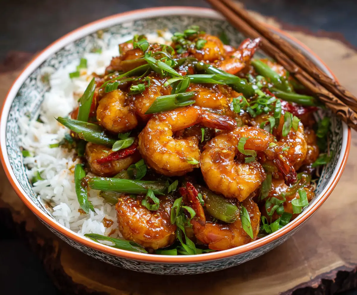 Delicious Chinese Hunan Shrimp dish with spicy sauce and fresh vegetables