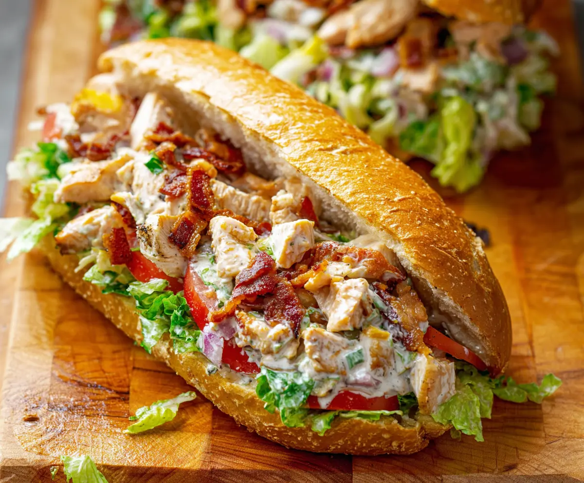 Delicious chopped chicken bacon ranch sandwich with fresh ingredients and crispy bacon