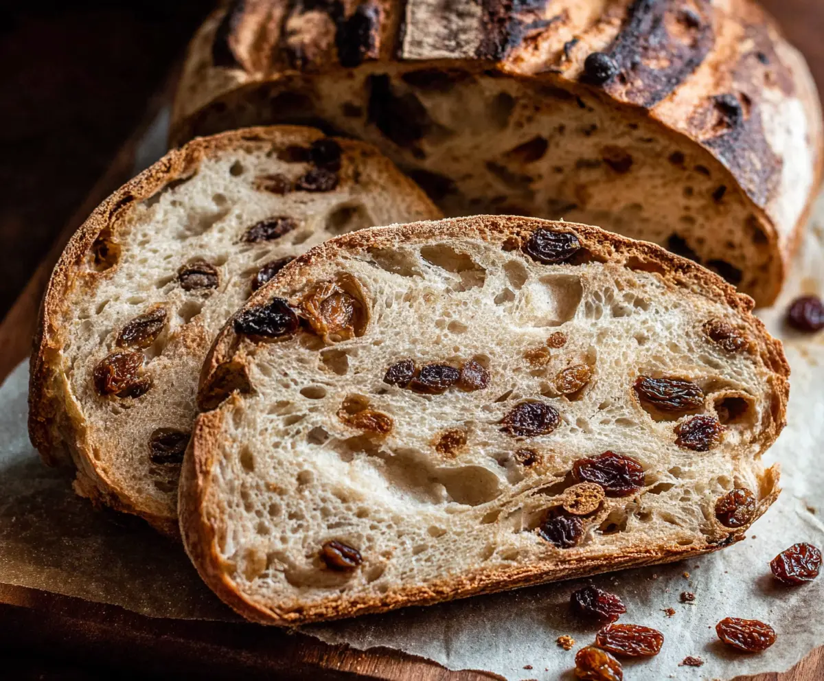 Fresh cinnamon raisin sourdough bread slices on a wooden cutting board.