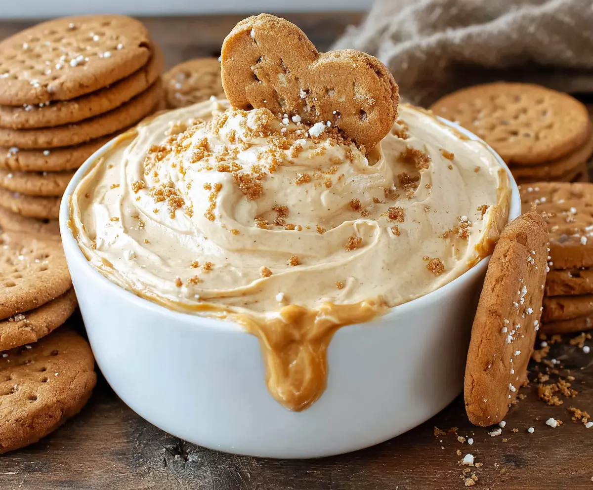 Creamy cookie butter dip served with cookies and fruits for a delicious snack.