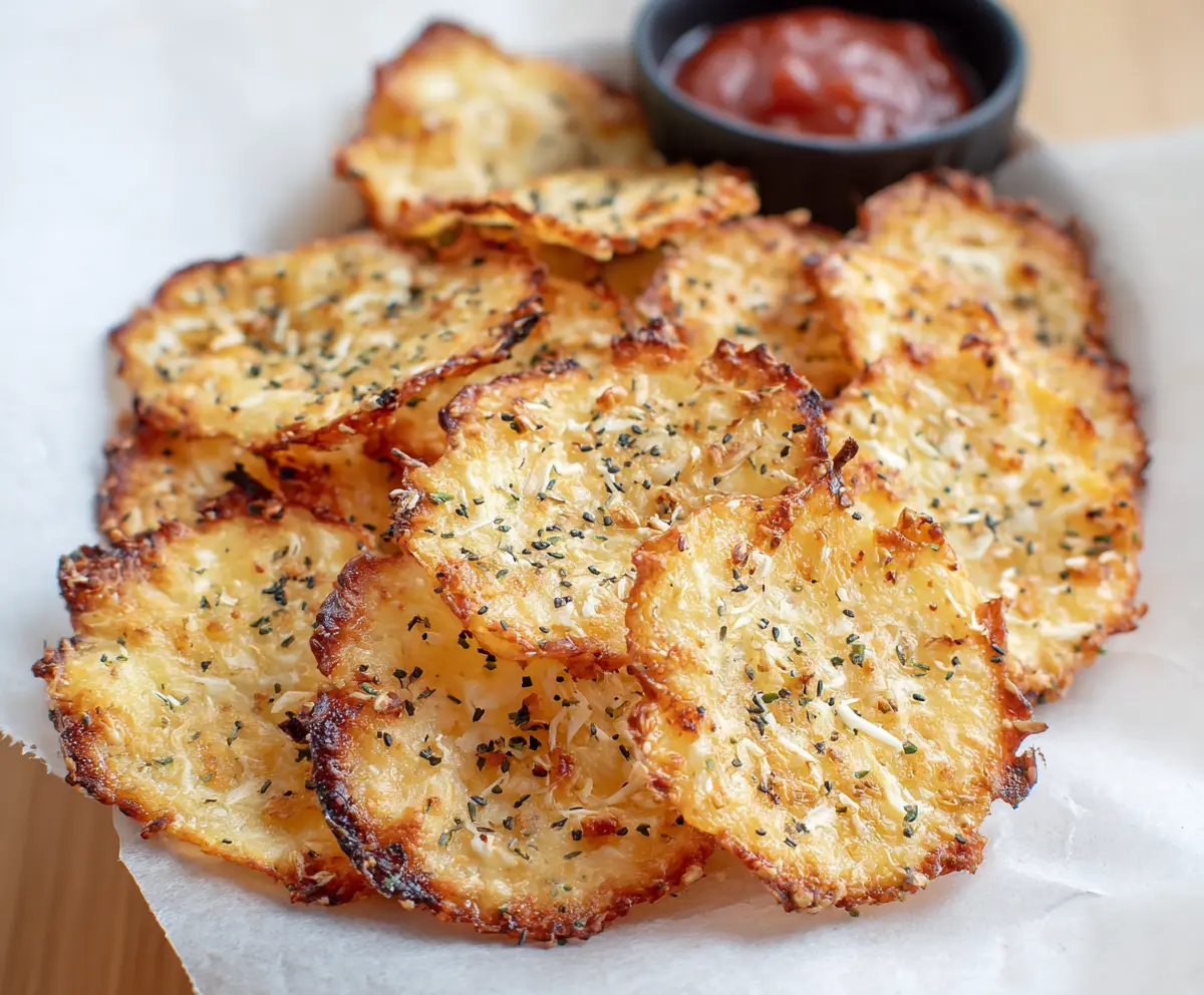 Crunchy homemade cottage cheese baked chips served with fresh herbs.