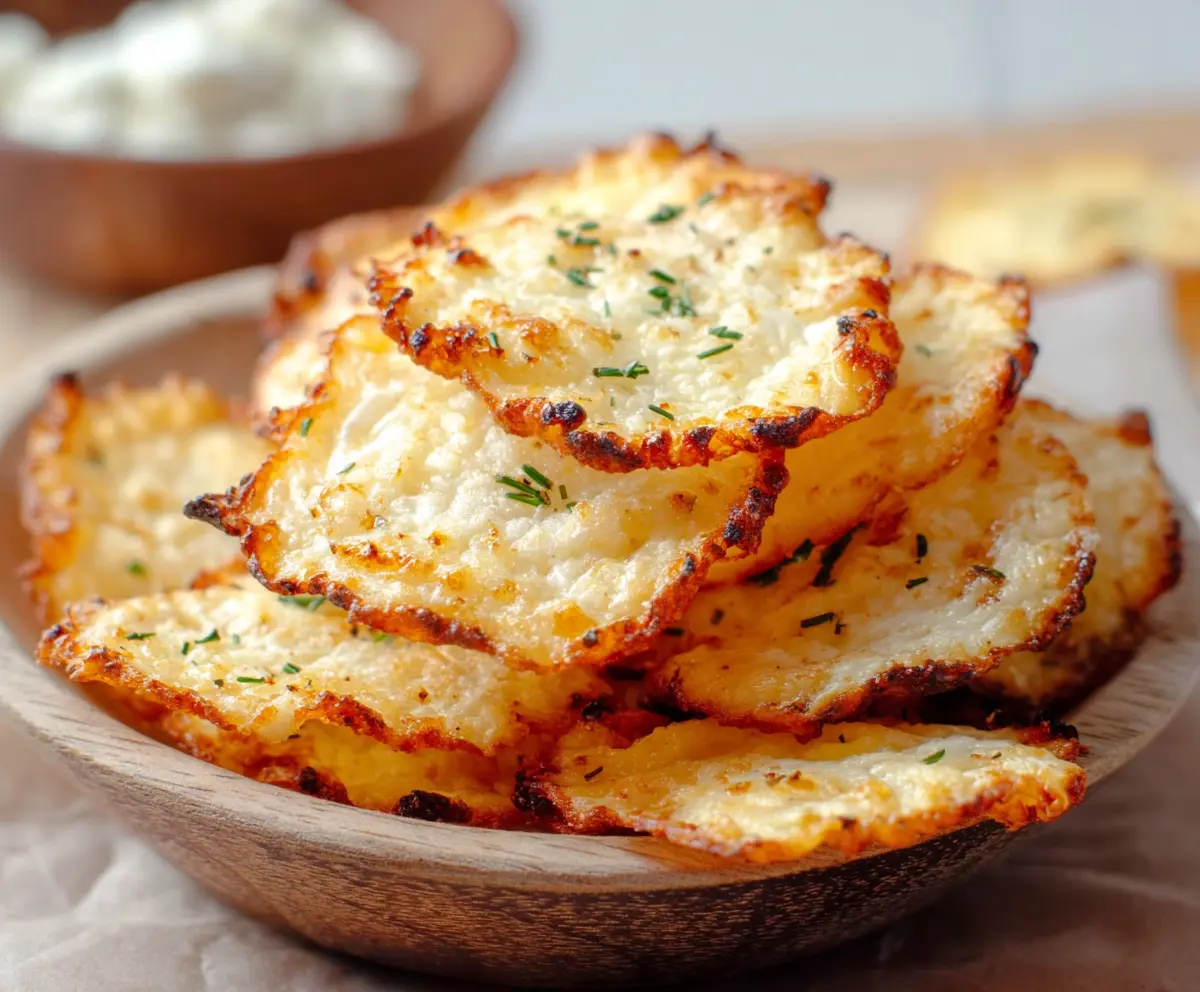 Crunchy homemade cottage cheese chips garnished with herbs on a rustic plate.