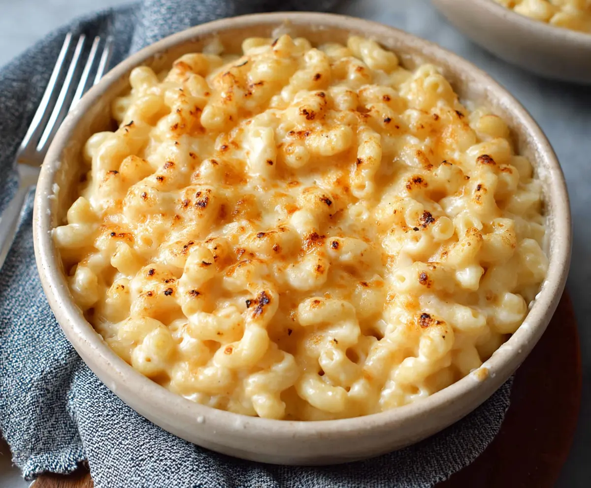 Creamy Cottage Cheese Mac and Cheese served in a rustic bowl, topped with fresh herbs.