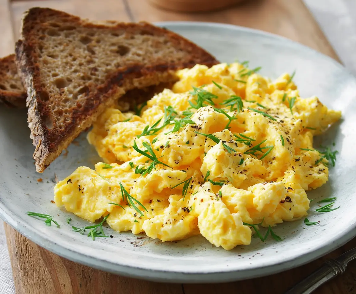 Delicious cottage cheese scrambled eggs served on a plate with fresh herbs