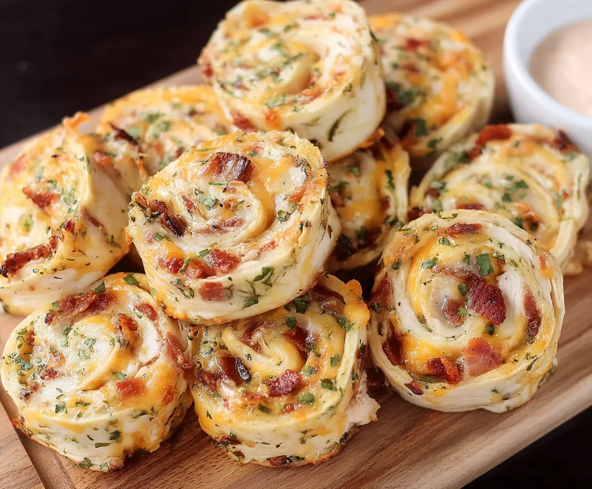 Delicious Crack Chicken Pinwheels with crispy golden crust and creamy filling on a serving plate.