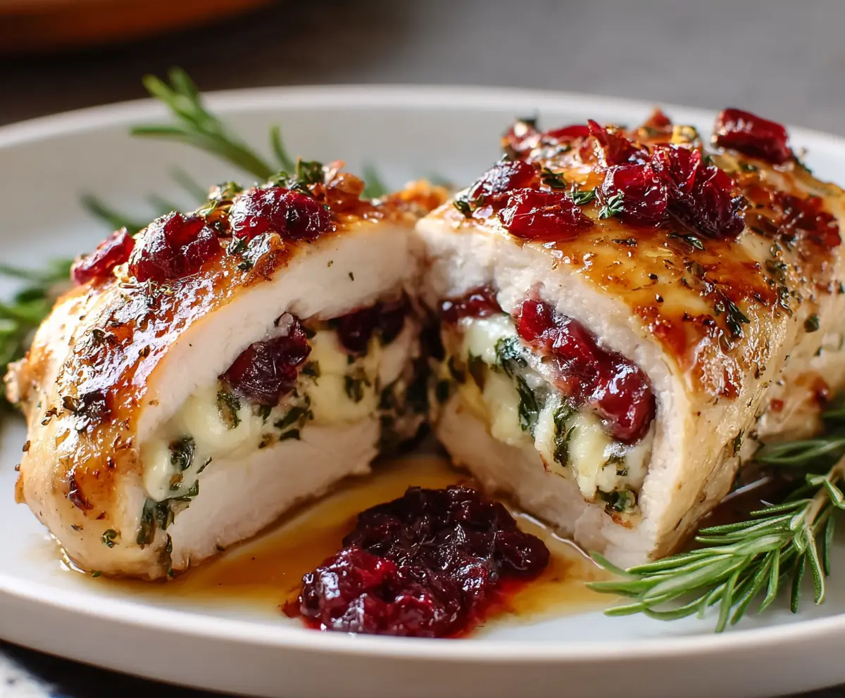 Delicious Cranberry Brie Stuffed Chicken breast garnished with fresh herbs on a plate.