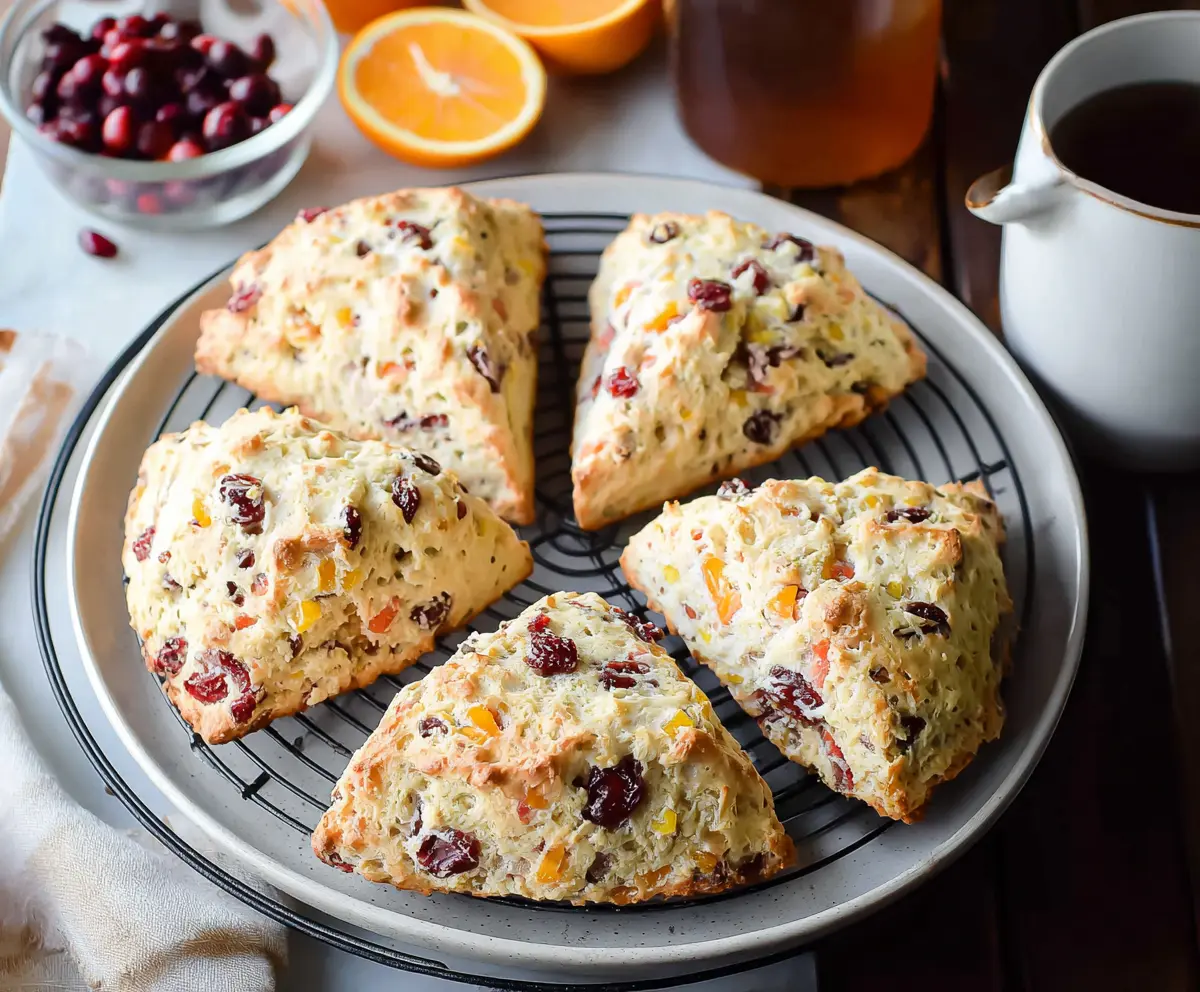 Delicious cranberry orange sourdough scones fresh out of the oven, showcasing a golden crust and vibrant cranberry and orange pieces.