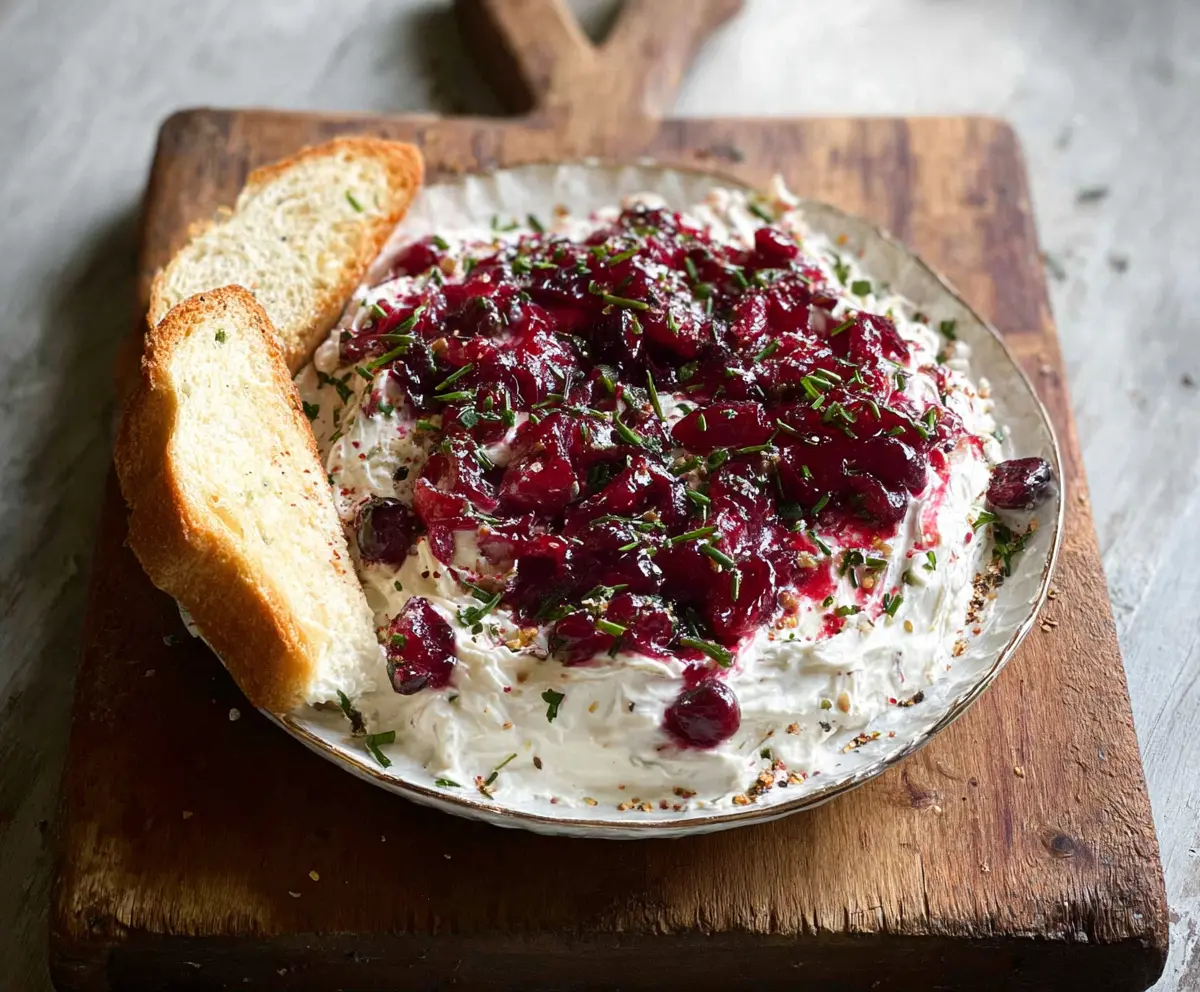 Delicious cranberry whipped Boursin cheese dip served with fresh crackers for a festive appetizer.
