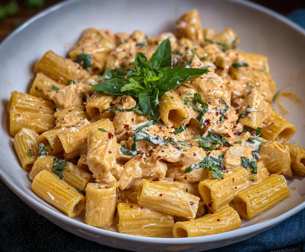 Delicious creamy chicken rigatoni pasta dish topped with herbs.
