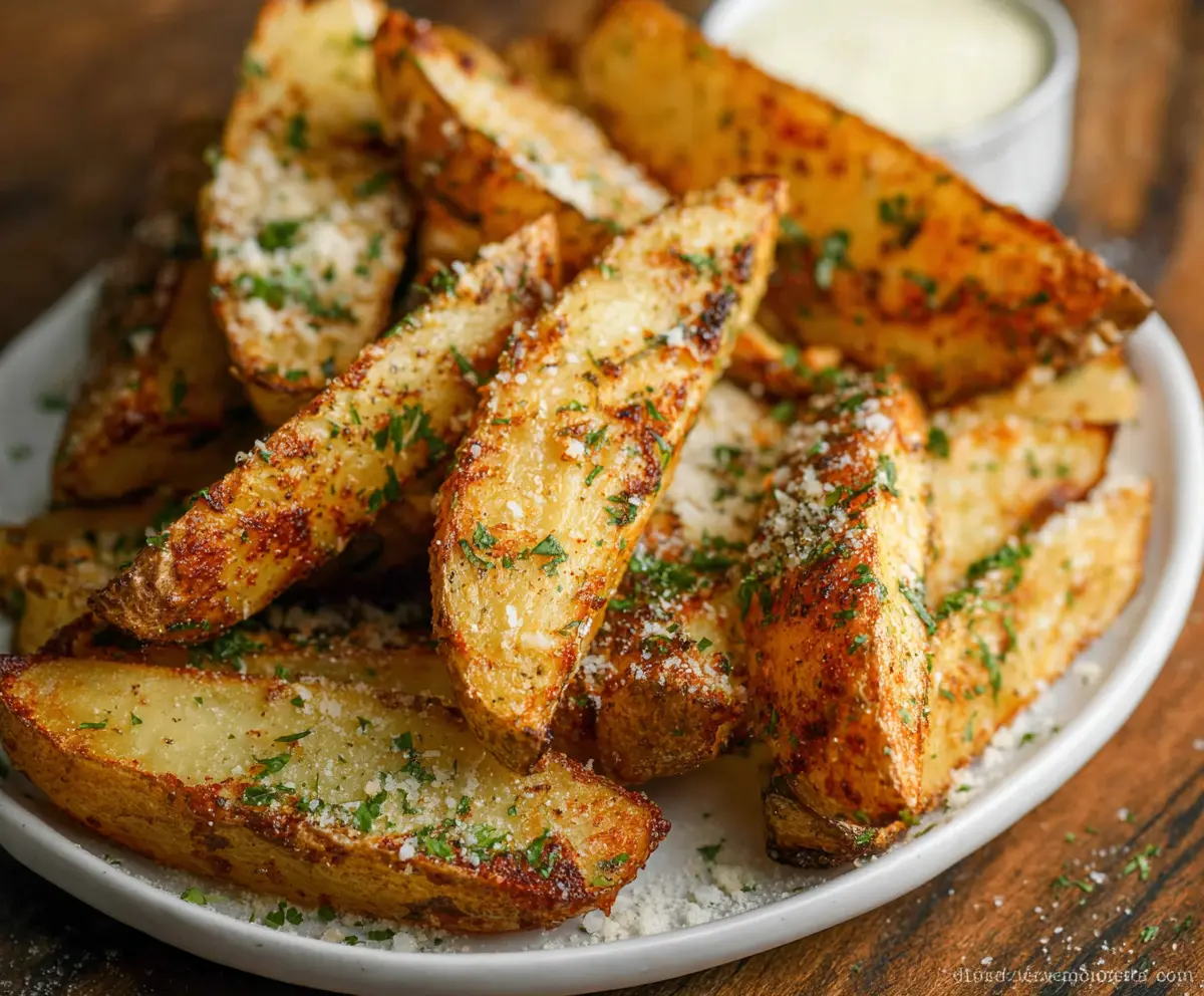 Golden crispy seasoned potato wedges served with herbs and spices for a delicious snack or side dish.