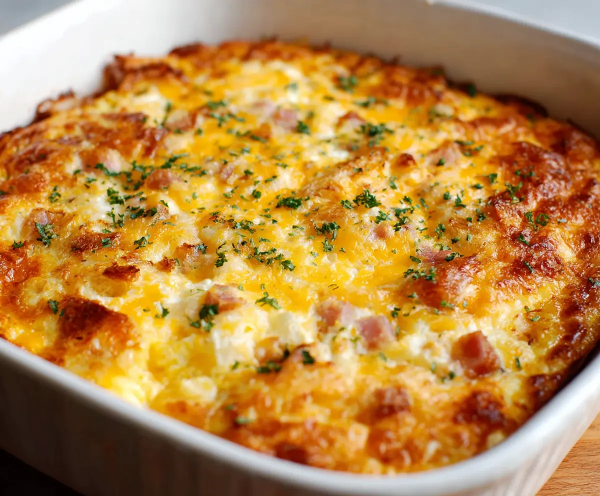 Delicious egg and hashbrown casserole fresh out of the oven, topped with melted cheese and herbs